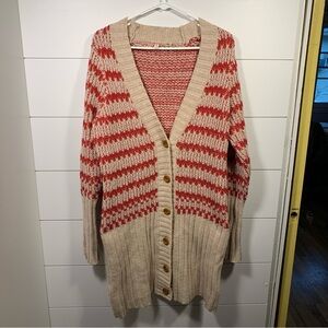 Moth Anthropologie Wool Long Button Cardigan Sweater, Size Medium, Cream and Red